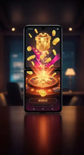 Een overzicht van het uitgebreide bonusaanbod van Wbetz Casino, met stapel bonusmunten en gratis spins symbolen die de spelervaring verrijken.